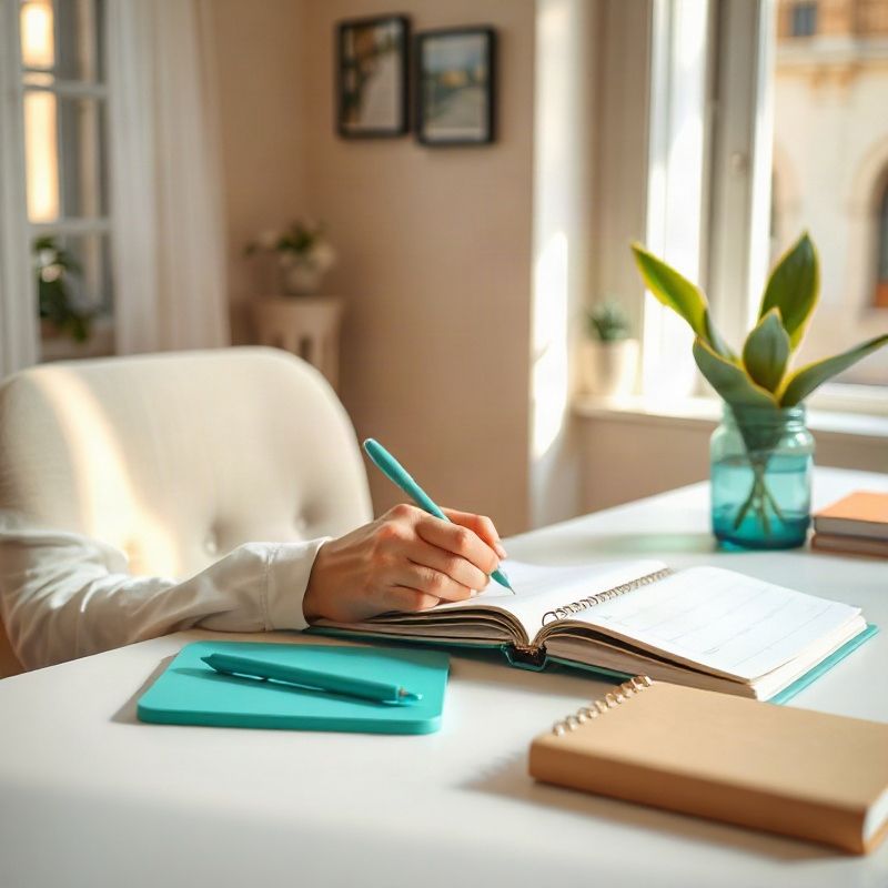 Persona escribiendo en una agenda semanal un domingo por la tarde, con luz cálida y escritorio ordenado
