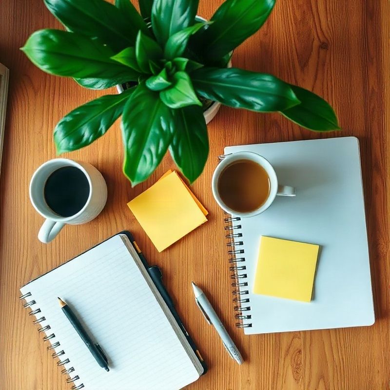 Cuadernos, notas adhesivas y una taza de café sobre un escritorio de madera con una planta verde de fondo