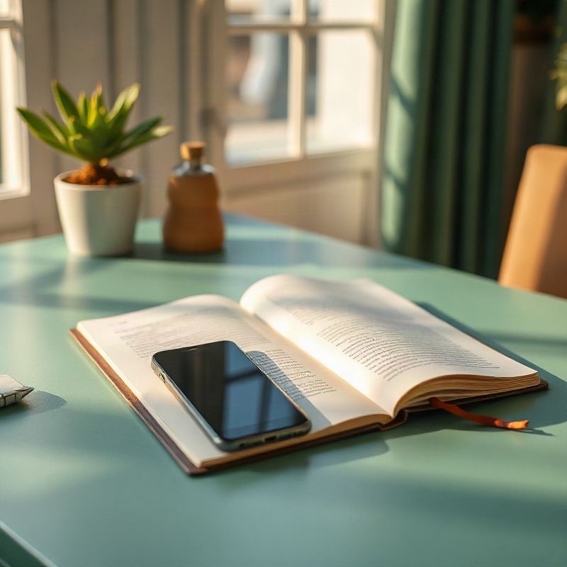 Un teléfono y un cuaderno abierto sobre un escritorio con acentos verde esmeralda y luz cálida de la tarde