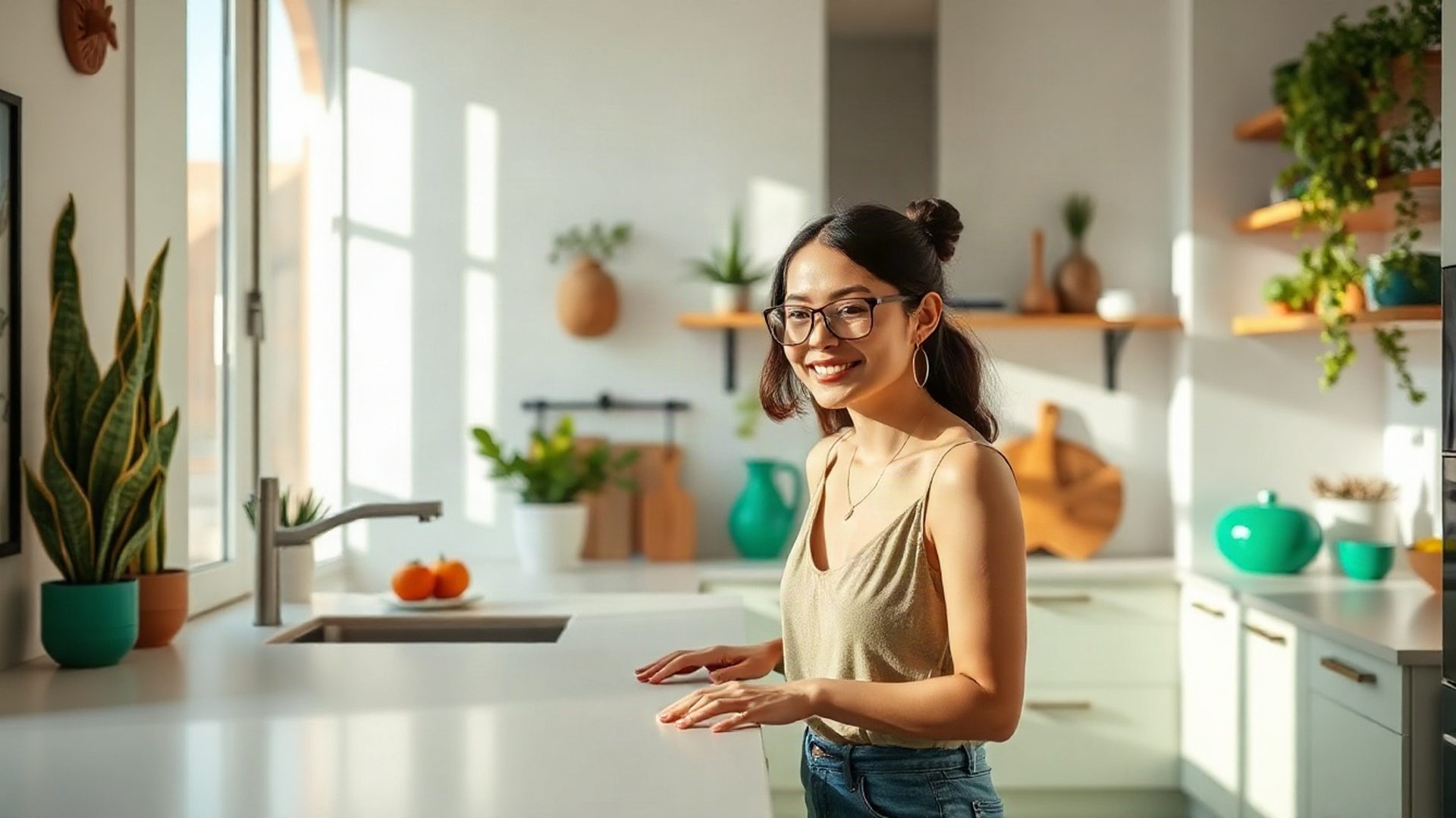 Mostrador de cocina luminoso en Salta con acentos verde esmeralda y luz natural de la mañana